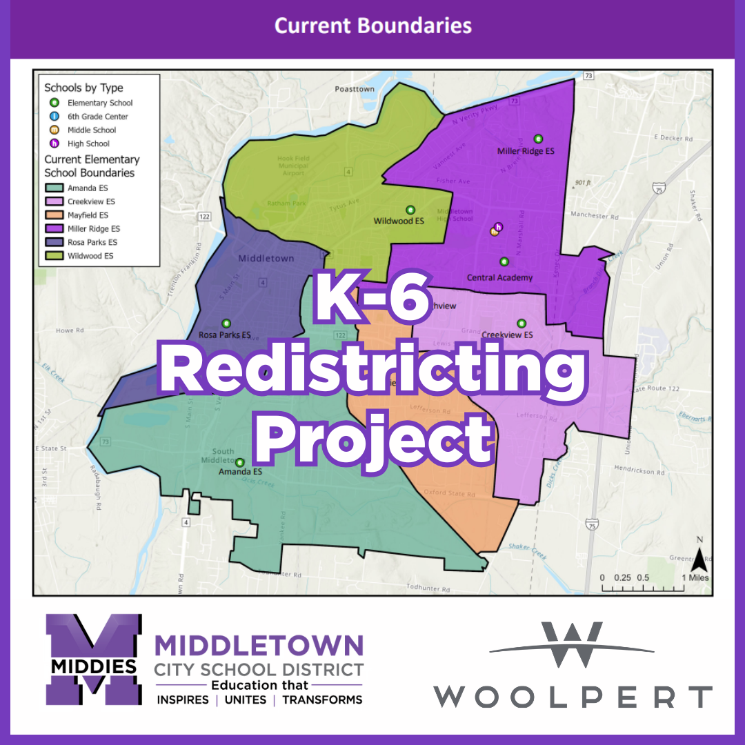 GRaphic shows MCSD current attendance boundaries with the text that reads "K-6 Redistricting Project"